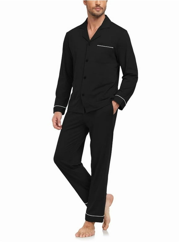 Men's 100% Cotton Pajamas Sets Pajamas for Men Long Sleeve Sleepwear Set with Pockets and Button Down S-XL(Black L)