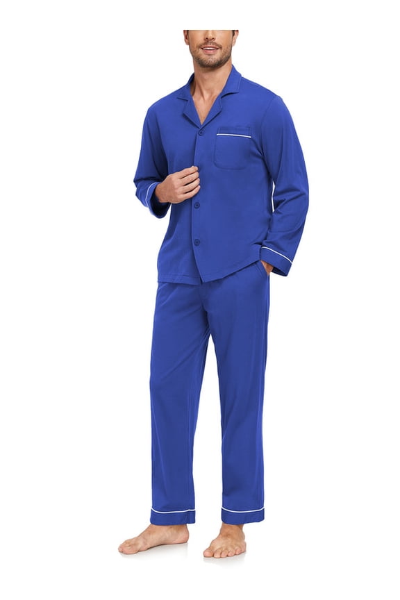 Men's 100% Cotton Pajamas Sets Pajamas for Men Long Sleeve Sleepwear Set with Pockets and Button Down S-XL(Cobalt Blue S)