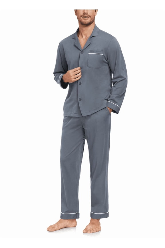 Men's 100% Cotton Pajamas Sets Pajamas for Men Long Sleeve Sleepwear Set with Pockets and Button Down S-XL(Dark Gray L)