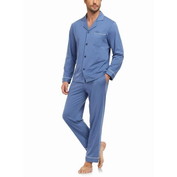 MAYFISH Men's 100% Cotton Pajamas Sets Pajamas for Men Long Sleeve Sleepwear Set with Pockets and Button Down S-XL(Light Blue S)