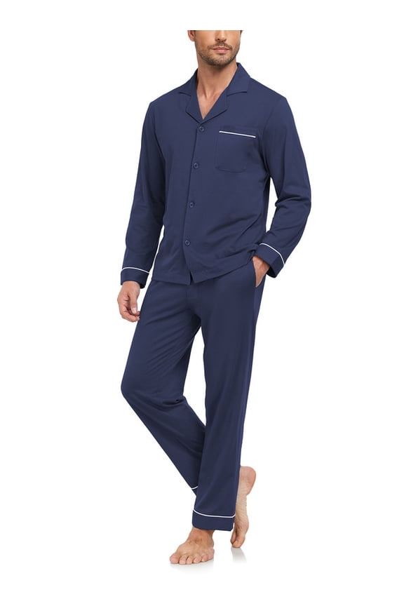 Men's 100% Cotton Pajamas Sets Pajamas for Men Long Sleeve Sleepwear Set with Pockets and Button Down S-XL(Navy Blue XL)