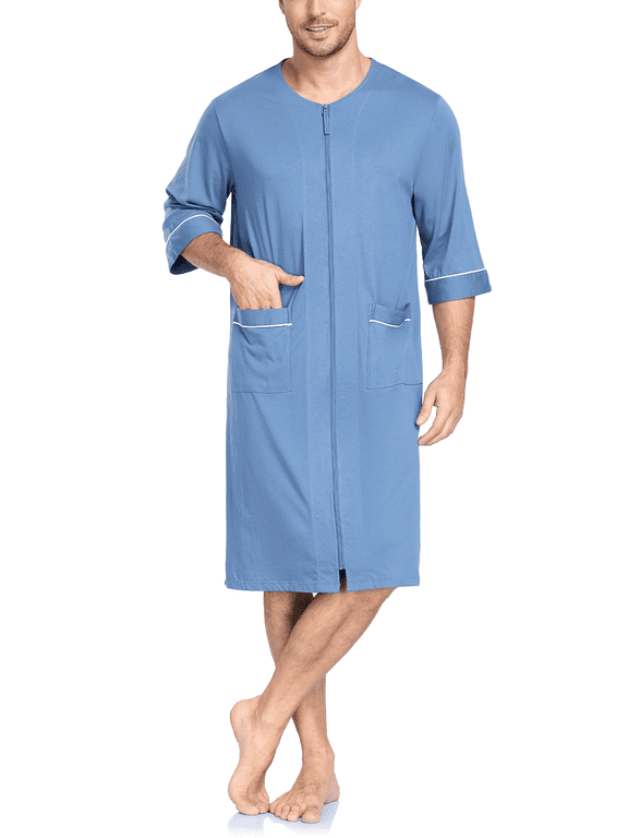 Men's Cotton Robe Short Sleeve Lightweight Summer Bathrobes for Men Zip up House Coat with Pockets(Blue,Large )