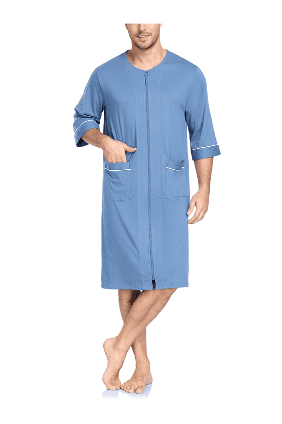 Men's Cotton Robe Short Sleeve Lightweight Summer Bathrobes for Men Zip up House Coat with Pockets(Blue,Large )