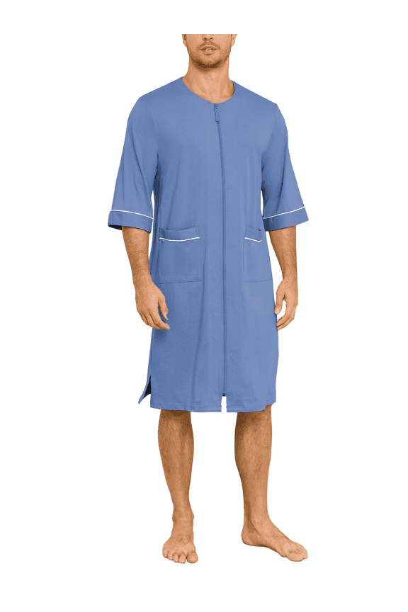 Men's Cotton Robe Short Sleeve Lightweight Summer Bathrobes for Men Zip up House Coat with Pockets(Blue, XX-Large)