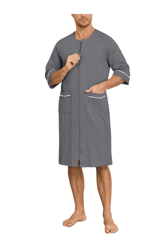 Men's Cotton Robe Short Sleeve Lightweight Summer Bathrobes for Men Zip up House Coat with Pockets(Dark Gray, Medium)
