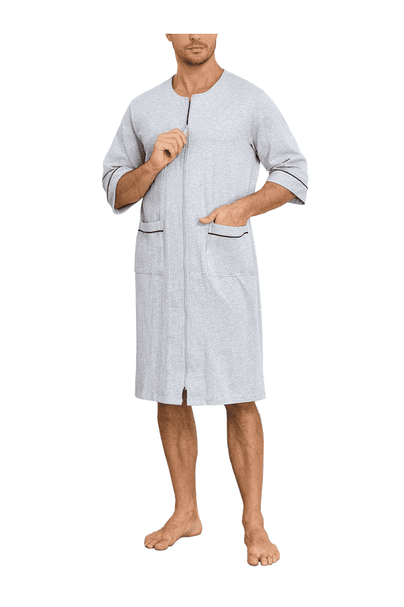 Men's Cotton Robe Short Sleeve Lightweight Summer Bathrobes for Men Zip up House Coat with Pockets(Grey, Large)