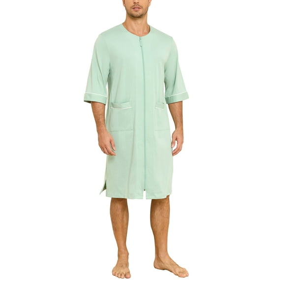 MAYFISH Men's Cotton Robe Short Sleeve Lightweight Summer Bathrobes for Men Zip up House Coat with Pockets(Turquoise, Medium)
