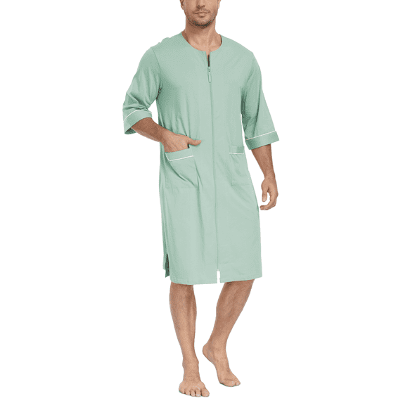 MAYFISH Men's Cotton Robe Short Sleeve Lightweight Summer Bathrobes for Men Zip up House Coat with Pockets(Turquoise, Medium)