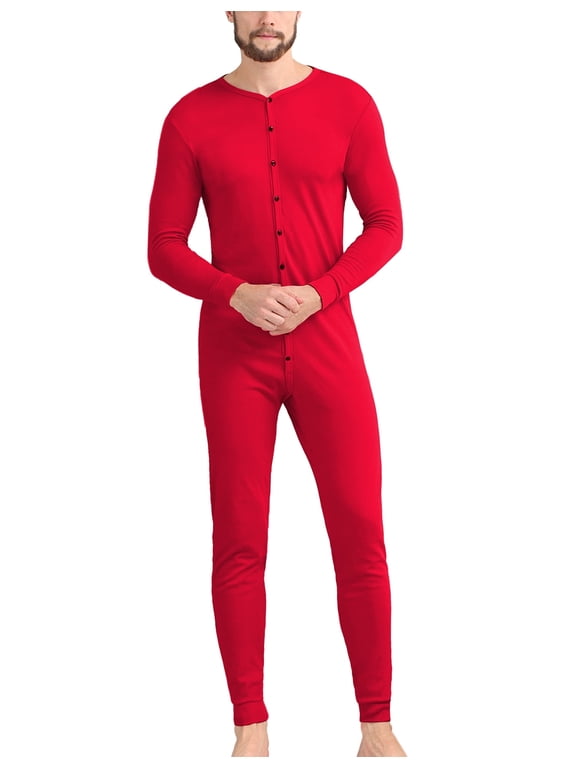 Men's Cotton Thermal Underwear Union Suits Henley Onesies Base Layer (Red, S)