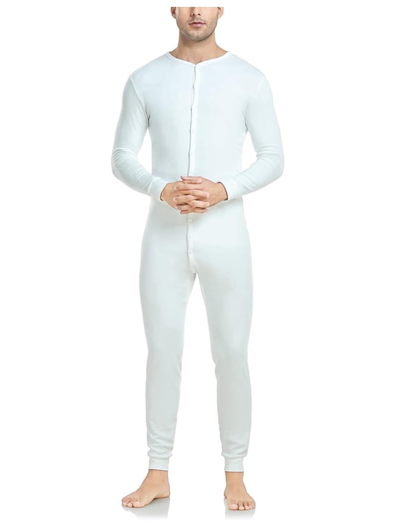 Men's Cotton Thermal Underwear Union Suits Henley Onesies Base Layer (White, M)