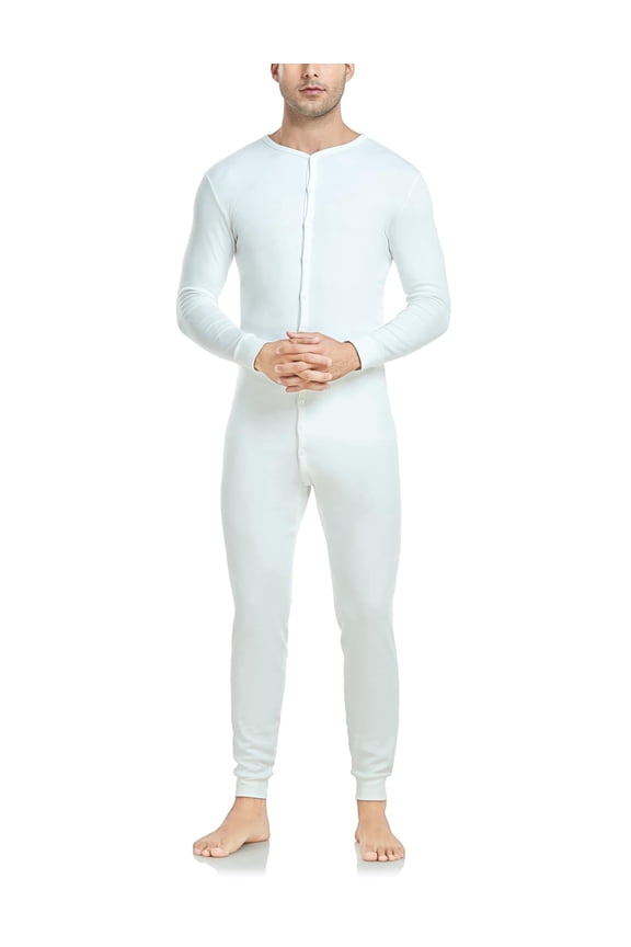 Men's Cotton Thermal Underwear Union Suits Henley Onesies Base Layer (White, M)