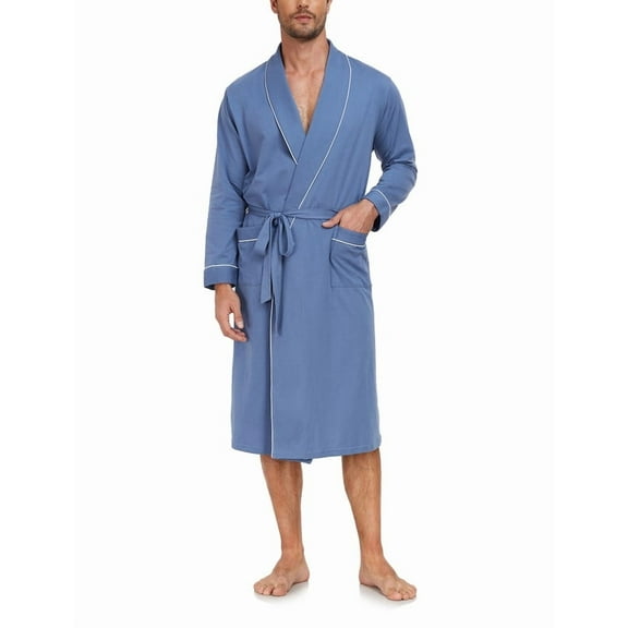 MAYFISH Men's Pure Cotton Robe, Lightweight and Soft, Long Summer Sleepwear 100% Cotton Robe with Pockets (Blue, L)