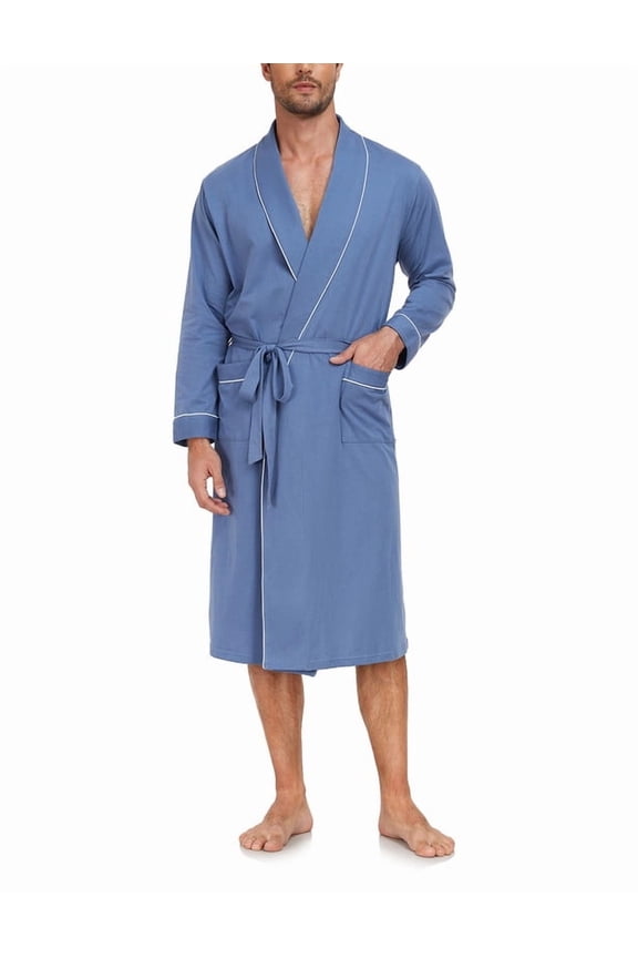 Men's Pure Cotton Robe, Lightweight and Soft, Long Summer Sleepwear 100% Cotton Robe with Pockets (Blue, M)