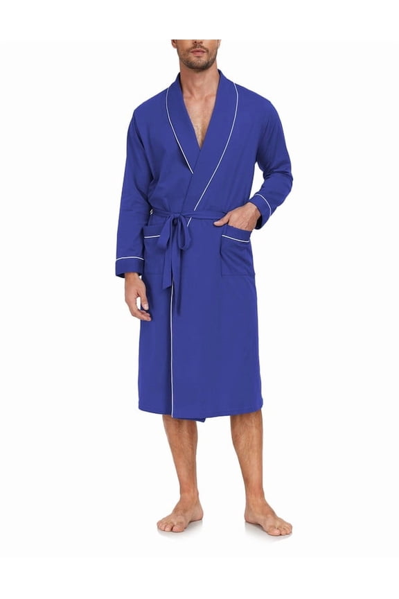 Men's Pure Cotton Robe, Lightweight and Soft, Long Summer Sleepwear 100% Cotton Robe with Pockets (Cobalt Blue, XL)