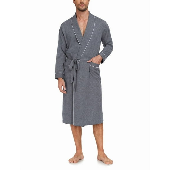 MAYFISH Men's Pure Cotton Robe, Lightweight and Soft, Long Summer Sleepwear 100% Cotton Robe with Pockets (Deep Grey, XL)