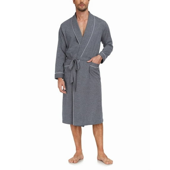 MAYFISH Men's Pure Cotton Robe, Lightweight and Soft, Long Summer Sleepwear 100% Cotton Robe with Pockets (Deep Grey, XL)