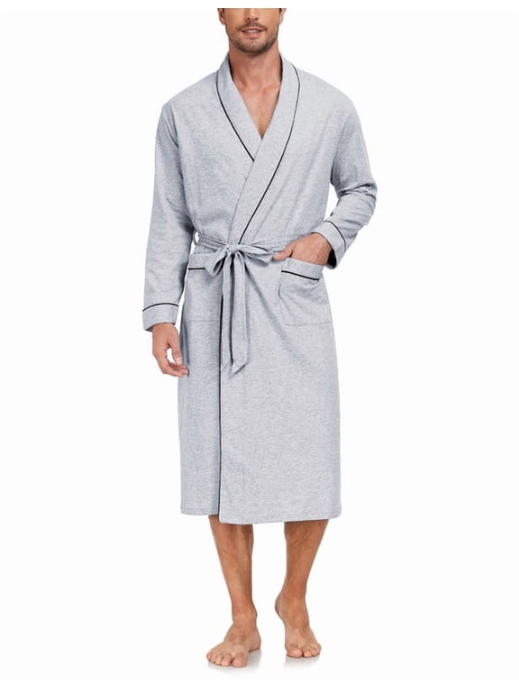 Men's Pure Cotton Robe, Lightweight and Soft, Long Summer Sleepwear 100% Cotton Robe with Pockets (Grey, 2XL)