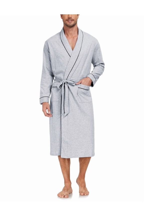 Men's Pure Cotton Robe, Lightweight and Soft, Long Summer Sleepwear 100% Cotton Robe with Pockets (Grey, L)