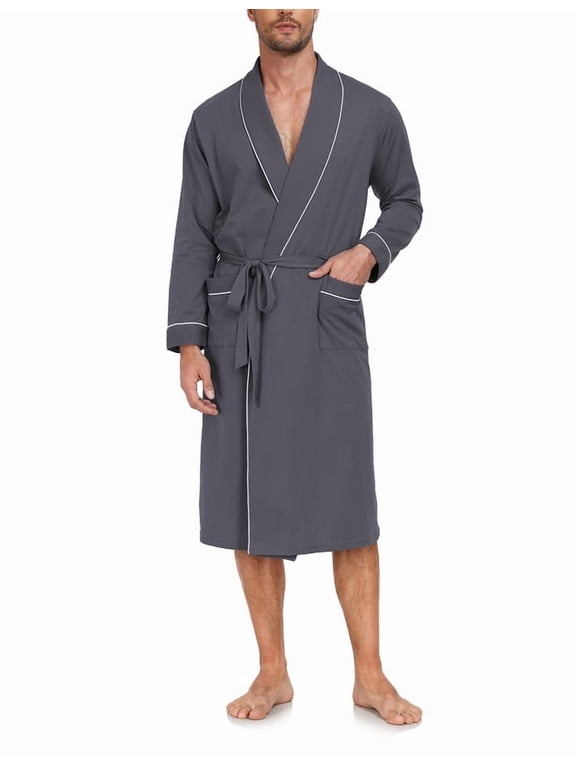 Men's Pure Cotton Robe, Lightweight and Soft, Long Summer Sleepwear 100% Cotton Robe with Pockets (Iron Grey, 2XL)