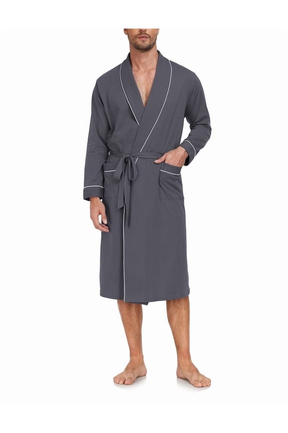 Men's Pure Cotton Robe, Lightweight and Soft, Long Summer Sleepwear 100% Cotton Robe with Pockets (Iron Grey, M)