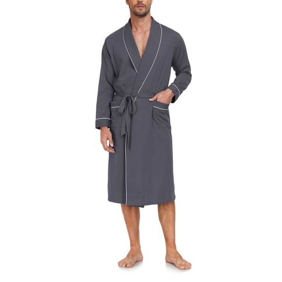 MAYFISH Men's Pure Cotton Robe, Lightweight and Soft, Long Summer Sleepwear 100% Cotton Robe with Pockets (Iron Grey, XL)