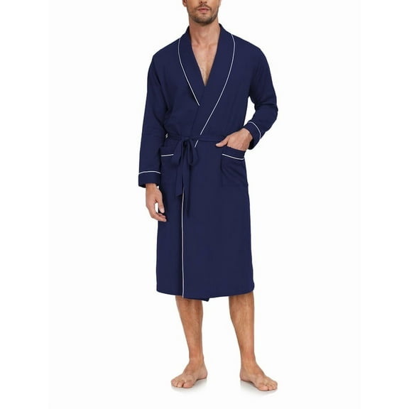 MAYFISH Men's Pure Cotton Robe, Lightweight and Soft, Long Summer Sleepwear 100% Cotton Robe with Pockets (Navy Blue, L)
