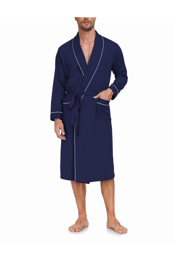 Men's Pure Cotton Robe, Lightweight and Soft, Long Summer Sleepwear 100% Cotton Robe with Pockets (Navy Blue, M)