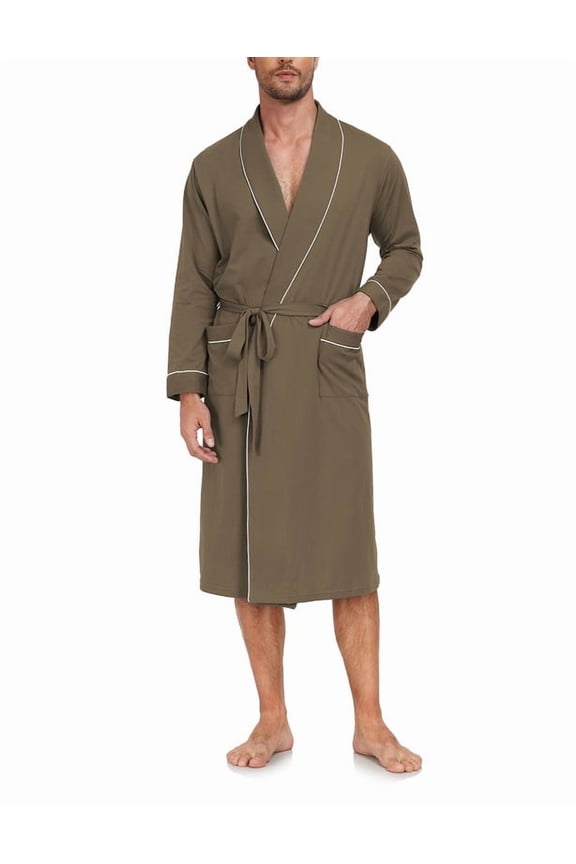 Men's Pure Cotton Robe, Lightweight and Soft, Long Summer Sleepwear 100% Cotton Robe with Pockets (Olive Green, L)