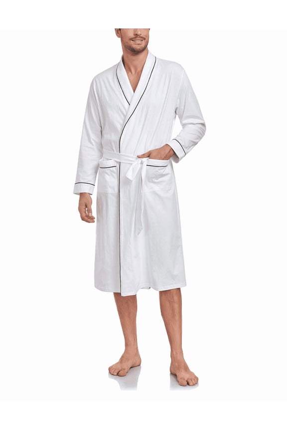 Men's Pure Cotton Robe, Lightweight and Soft, Long Summer Sleepwear 100% Cotton Robe with Pockets (White, M)