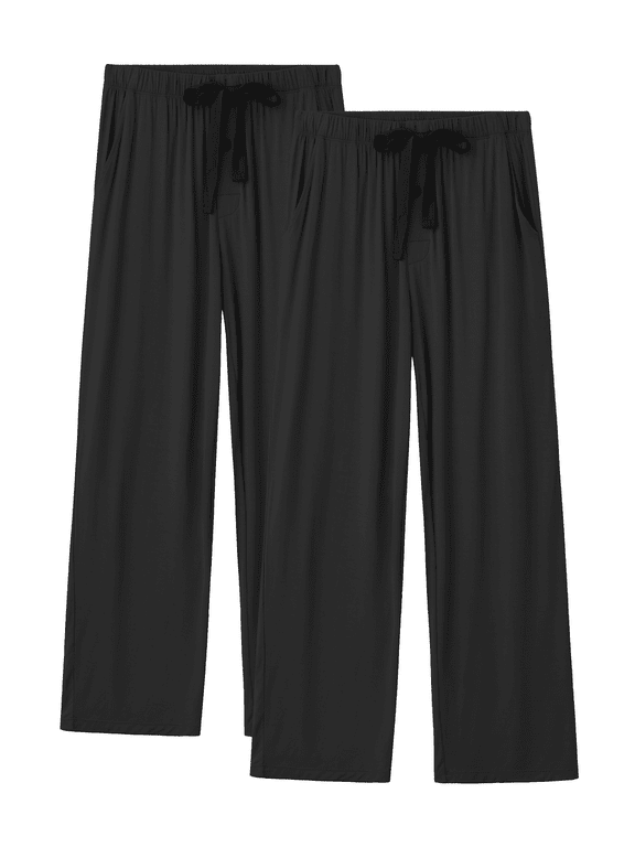 Mens Pajama Pants Lightweight Bamboo Rayon Lounge Pants Summer Drawstring Sleep Bottoms with Pockets (2Black, L)