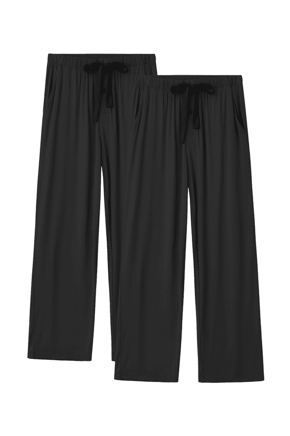 Mens Pajama Pants Lightweight Bamboo Rayon Lounge Pants Summer Drawstring Sleep Bottoms with Pockets (2Black, L)