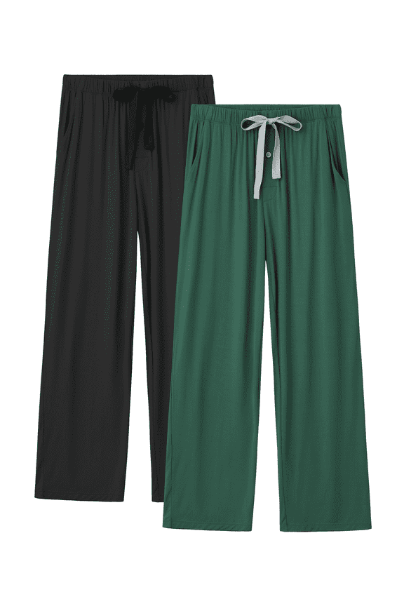Mens Pajama Pants Lightweight Bamboo Rayon Lounge Pants Summer Drawstring Sleep Bottoms with Pockets (Black&Army Green, M)