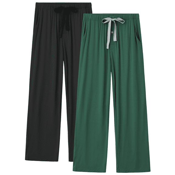 MAYFISH Mens Pajama Pants Lightweight Bamboo Rayon Lounge Pants Summer Drawstring Sleep Bottoms with Pockets (Black&Army Green, XL)