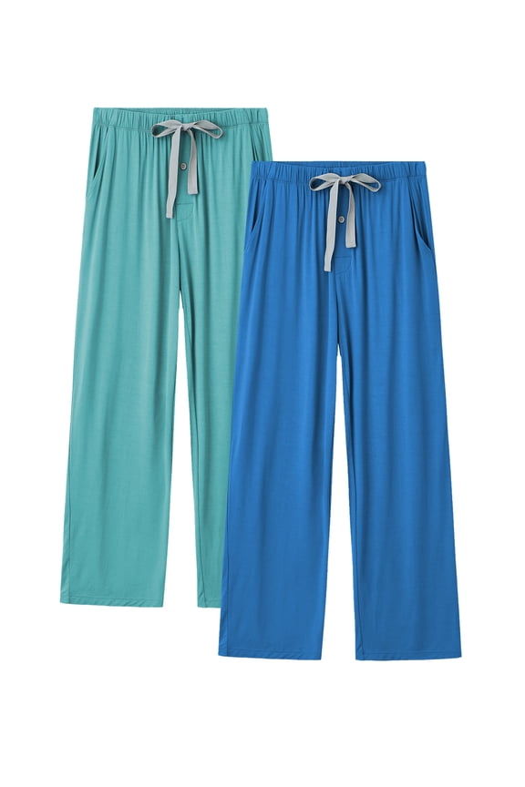 Mens Pajama Pants Lightweight Bamboo Rayon Lounge Pants Summer Drawstring Sleep Bottoms with Pockets (Dark Blue&Light Green, L)