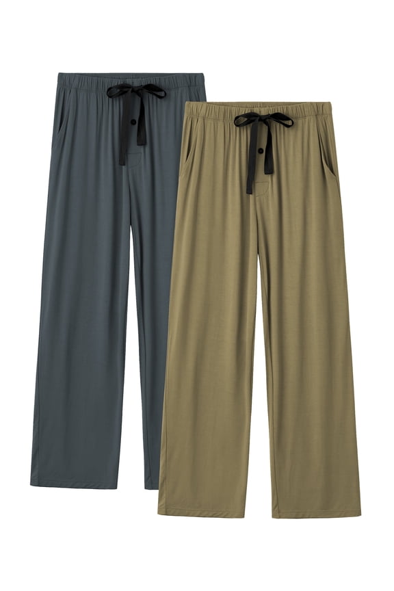 Mens Pajama Pants Lightweight Bamboo Rayon Lounge Pants Summer Drawstring Sleep Bottoms with Pockets (Dark Gray&Olive Green, L)