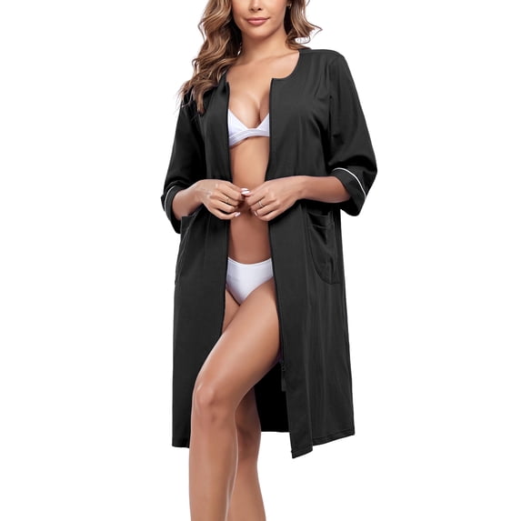 MAYFISH Women 100% Cotton Robe Summer Short Sleeve Zip Front Robes Soft Knit Lightweight Bathrobe 1Piece(Black,XL)