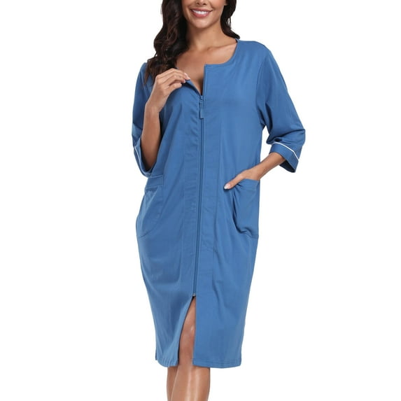 MAYFISH Women 100% Cotton Robe Summer Short Sleeve Zip Front Robes Soft Knit Lightweight Bathrobe 1Piece(Blue,2XL)