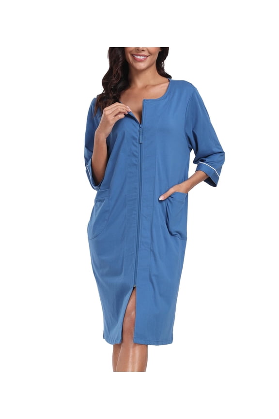 Women 100% Cotton Robe Summer Short Sleeve Zip Front Robes Soft Knit Lightweight Bathrobe 1Piece(Blue,2XL)