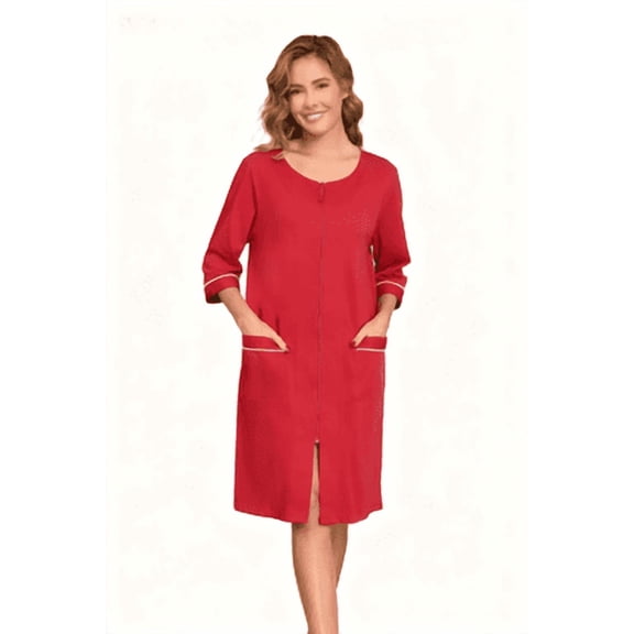 MAYFISH Women 100% Cotton Robe Summer Short Sleeve Zip Front Robes Soft Knit Lightweight Bathrobe 1Piece(Cherry,2XL)