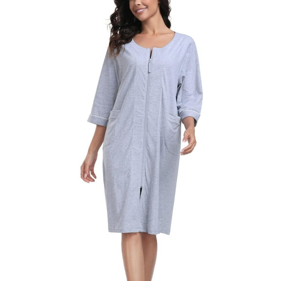 MAYFISH Women 100% Cotton Robe Summer Short Sleeve Zip Front Robes Soft Knit Lightweight Bathrobe 1Piece(Grey,L)