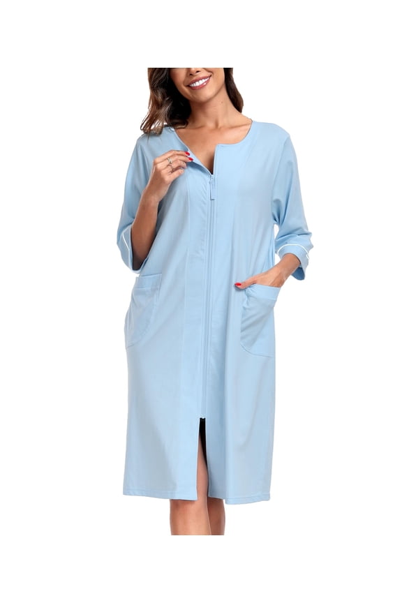 Women 100% Cotton Robe Summer Short Sleeve Zip Front Robes Soft Knit Lightweight Bathrobe 1Piece(Light Blue,L)