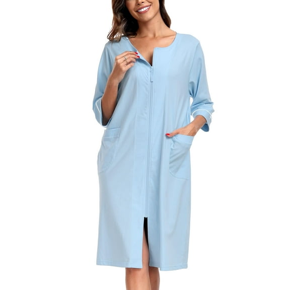 MAYFISH Women 100% Cotton Robe Summer Short Sleeve Zip Front Robes Soft Knit Lightweight Bathrobe 1Piece(Light Blue,S)