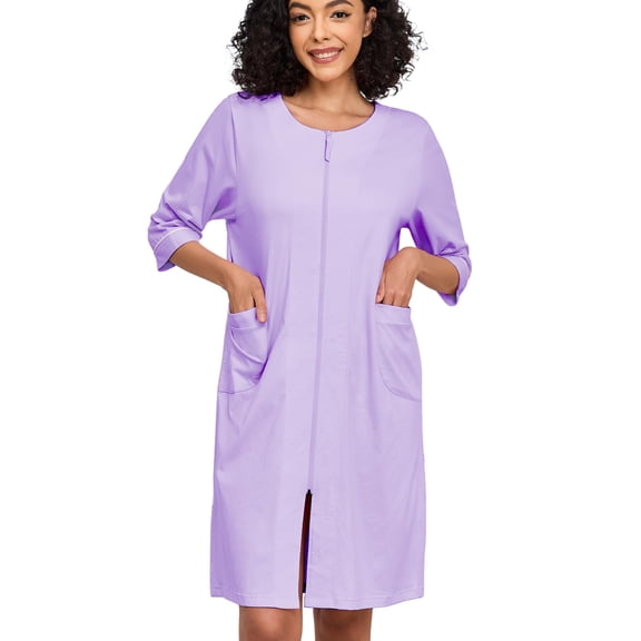 MAYFISH Women 100% Cotton Robe Summer Short Sleeve Zip Front Robes Soft Knit Lightweight Bathrobe 1Piece(Light Purple,S)