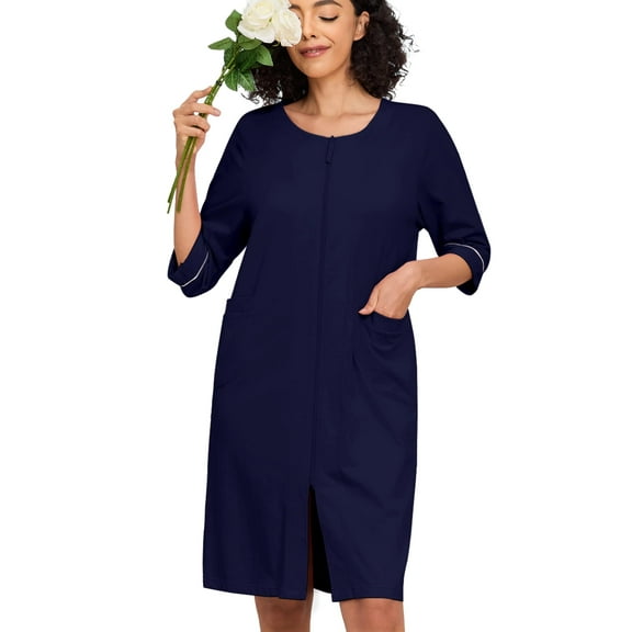 MAYFISH Women 100% Cotton Robe Summer Short Sleeve Zip Front Robes Soft Knit Lightweight Bathrobe 1Piece(Navy Blue,S)