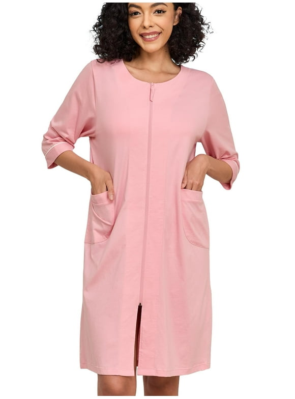 Women 100% Cotton Robe Summer Short Sleeve Zip Front Robes Soft Knit Lightweight Bathrobe 1Piece(Pink,L)