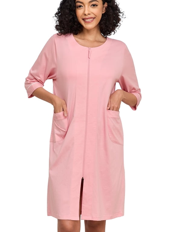 Women 100% Cotton Robe Summer Short Sleeve Zip Front Robes Soft Knit Lightweight Bathrobe 1Piece(Pink,XL)