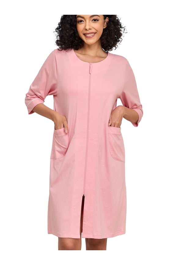 Women 100% Cotton Robe Summer Short Sleeve Zip Front Robes Soft Knit Lightweight Bathrobe 1Piece(Pink,XL)