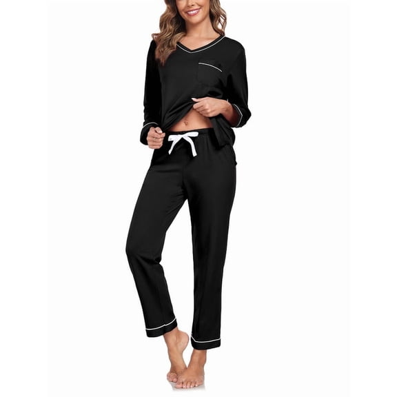 MAYFISH Women's 100% Cotton Pajama Set with V-Neck, Long Sleeves & Long Pants, 2-Piece Sleepwear with Pocket(Black, XX-Large)