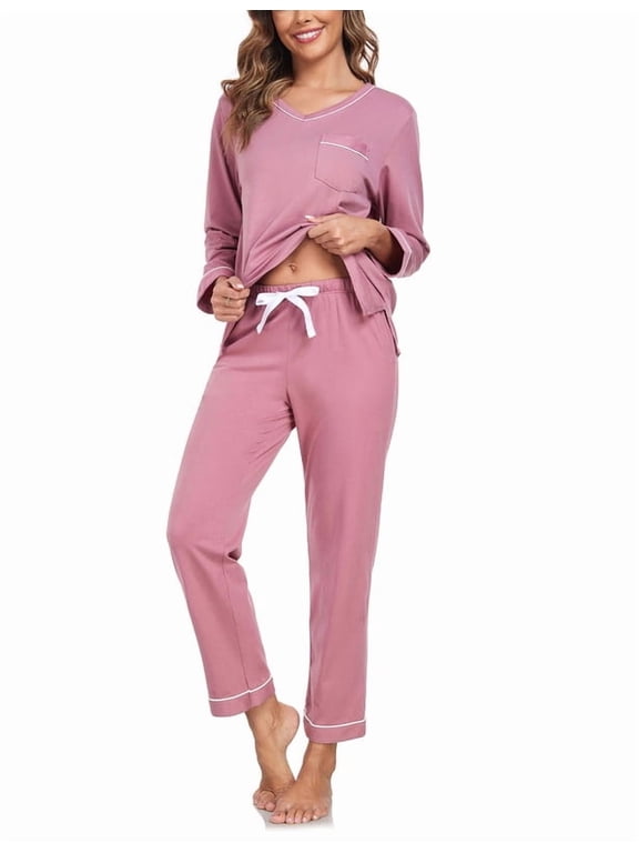 Women's 100% Cotton Pajama Set with V-Neck, Long Sleeves & Long Pants, 2-Piece Sleepwear with Pocket(Dusty Rose, Medium)