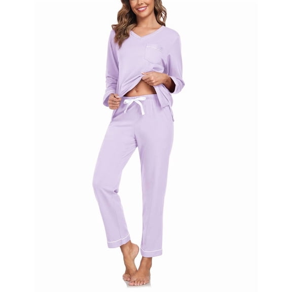 MAYFISH Women's 100% Cotton Pajama Set with V-Neck, Long Sleeves & Long Pants, 2-Piece Sleepwear with Pocket(Light Purple X-Large)